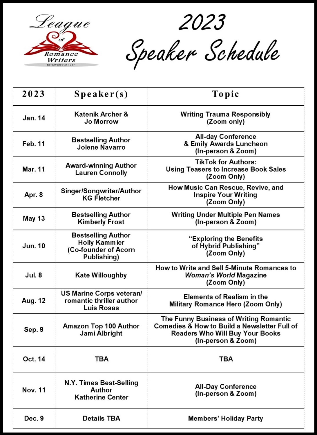 Speaker Schedule – League of Romance Writers